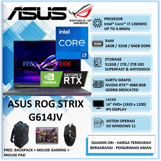 Laptop Gaming Baru Asus ROG Strix G614JV Intel i7 Gen 13 16GB 2TB SSD RTX4060-8GB 16" Windows 11 Hom