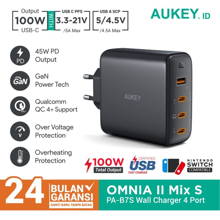 Charger Aukey 4 PORT USB-C PD 100W PPS NEW LIMITED EDITION Aukey Charger Iphone Samsung Quick Charge 2.0 Fast Charging ORIGINAL GARANSI