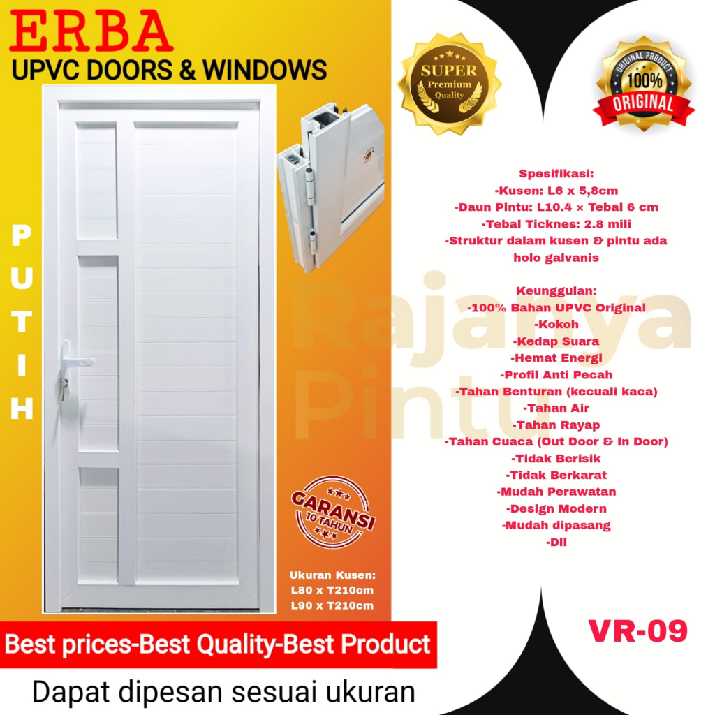 Pintu Utama/Pintu Kamar/Pintu Kantor UPVC-ERBA Super Premium-VR 09-Putih