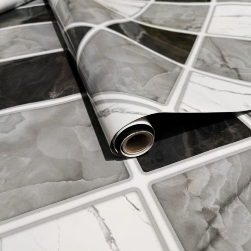 WALLPAPER DINDING STIKER DINDING DAPUR MOTIF KOTAK HITAM ABU PUTIH MARMER  60CMX3M