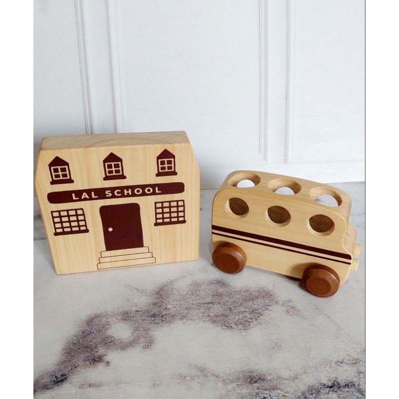 preloved wooden toys | preloved Lettering and Life brown Bus & school Block | preloved wooden toys| 