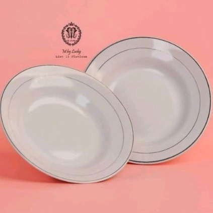 Piring Keramik Warna Putih List Silver Mas Piring Catering Prasmanan Lucky 9 inch (1 Lusin)