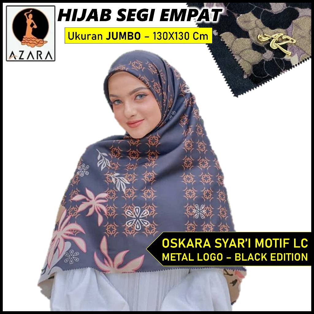 Dapat 5 Azara Jumbo Motif Khusus Hitam Metal Logo Oskara Syari Black Edition Voal Premiuum Hijab Seg