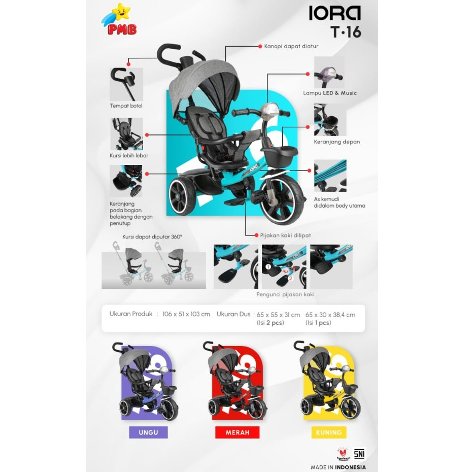 Stroller balita roda tiga iora T16 TC06 PMB sepeda anak roda tiga tricycle T 16 TC 06 kereta dorong 