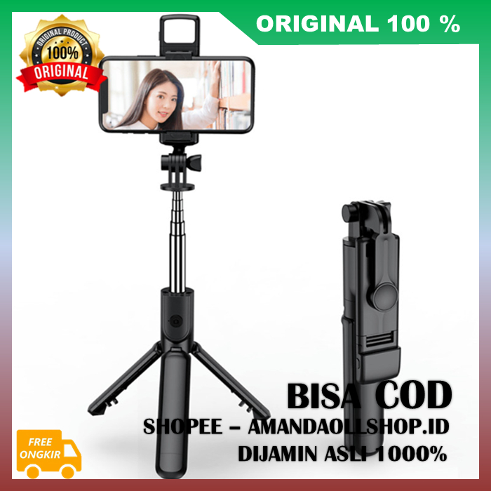 Tripod Tongsis Led Flash Tongsis Bluetooth LED Flash Portable Selfie+Tripod HP+Remote Control 100% A