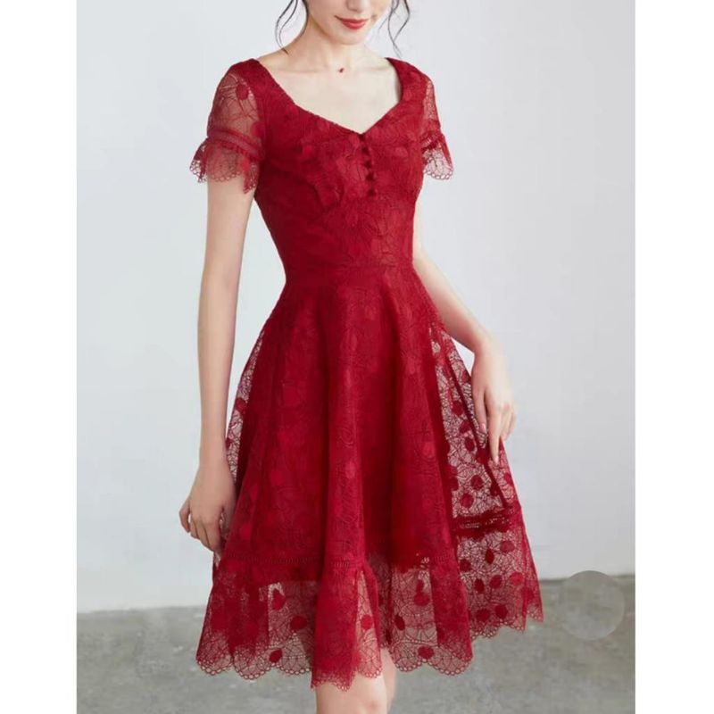0980. Baju minidress CNY TANSY RED LACE FLARE BROKAT MERAH vneck dres Korea Korean style wanita prem