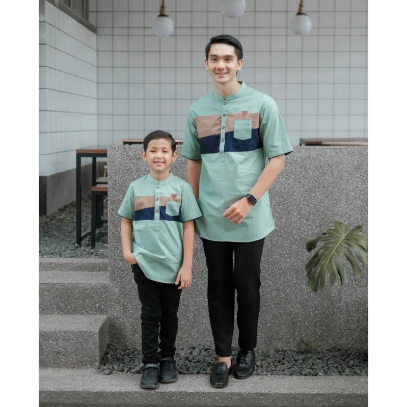 Baju Lebaran Couple Pasangan 2024 Kemeja Koko Ayah Dan Anak Laki Laki Kurta Yaman Rabbani Bahan Katu