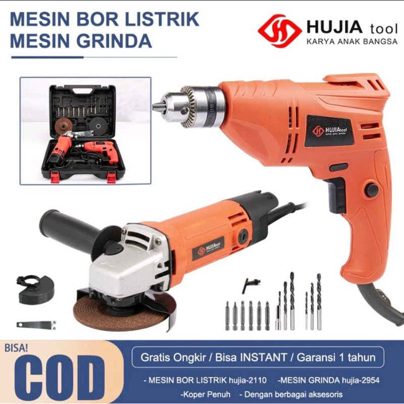 PAKET MESIN BOR 10MM + GERINDA 4INCH HUJIA TOOLS SET LENGKAP BOR GERINDA 2PC