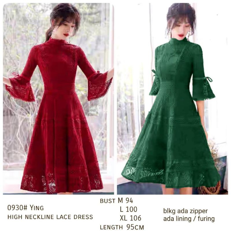 0930 Baju minidress CNY HIGH NECKLINE TURTLE NECK LACE BROKAT lengan lonceng terompet dres Korea Kor