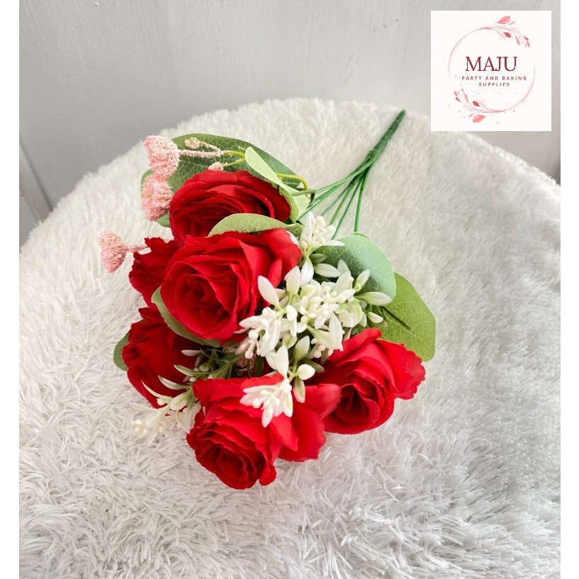 (1 tangkai) Bunga Mawar 7 Cabang KECIL / Artificial Spring Rose / Bunga Plastik / Mawar Plastik / Bu