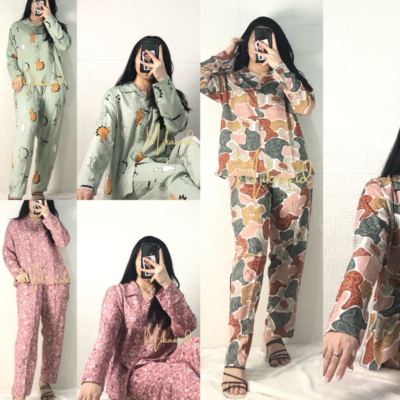 Set Piyama Rayon Lengan Panjang( LD102cm) / Rayon Set Panjang /Piyama oneset panjang / piyama hijab 