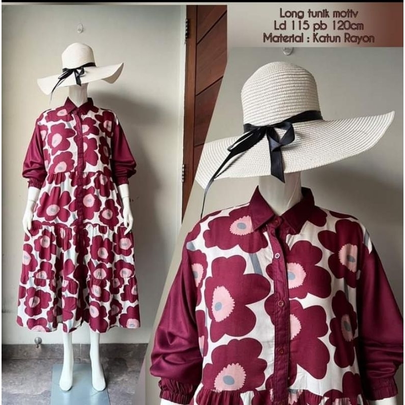Tunik lengan panjang bahan katun rayon  motif premium