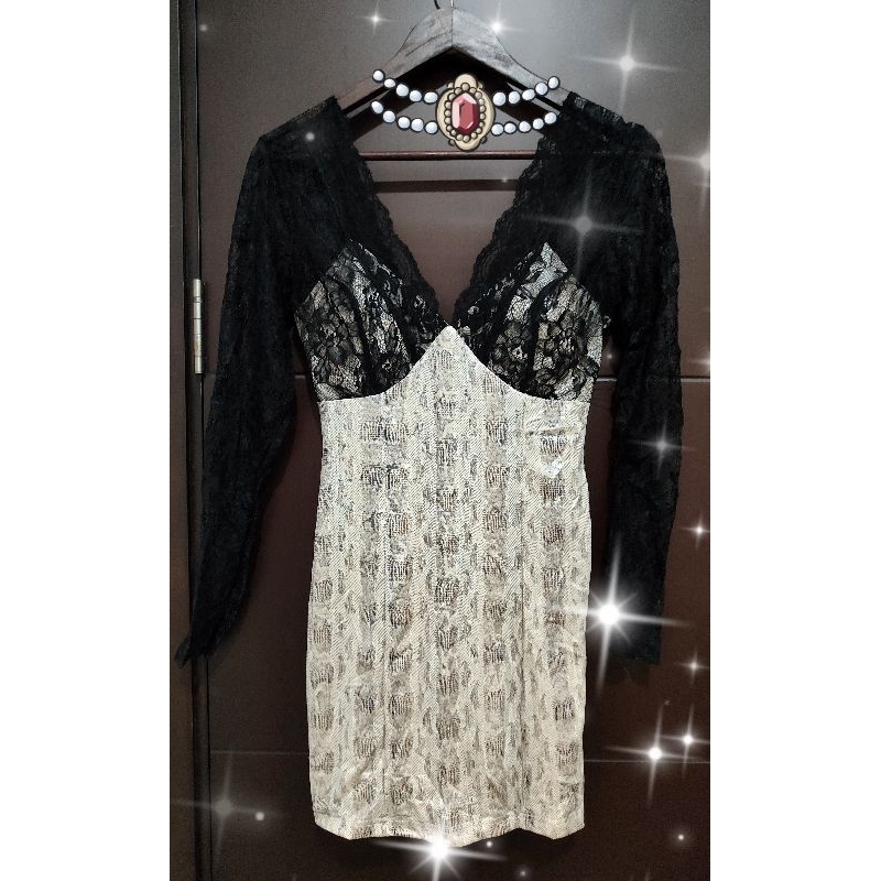 Dress V neck brukat motif ular bodycon party club penyanyi