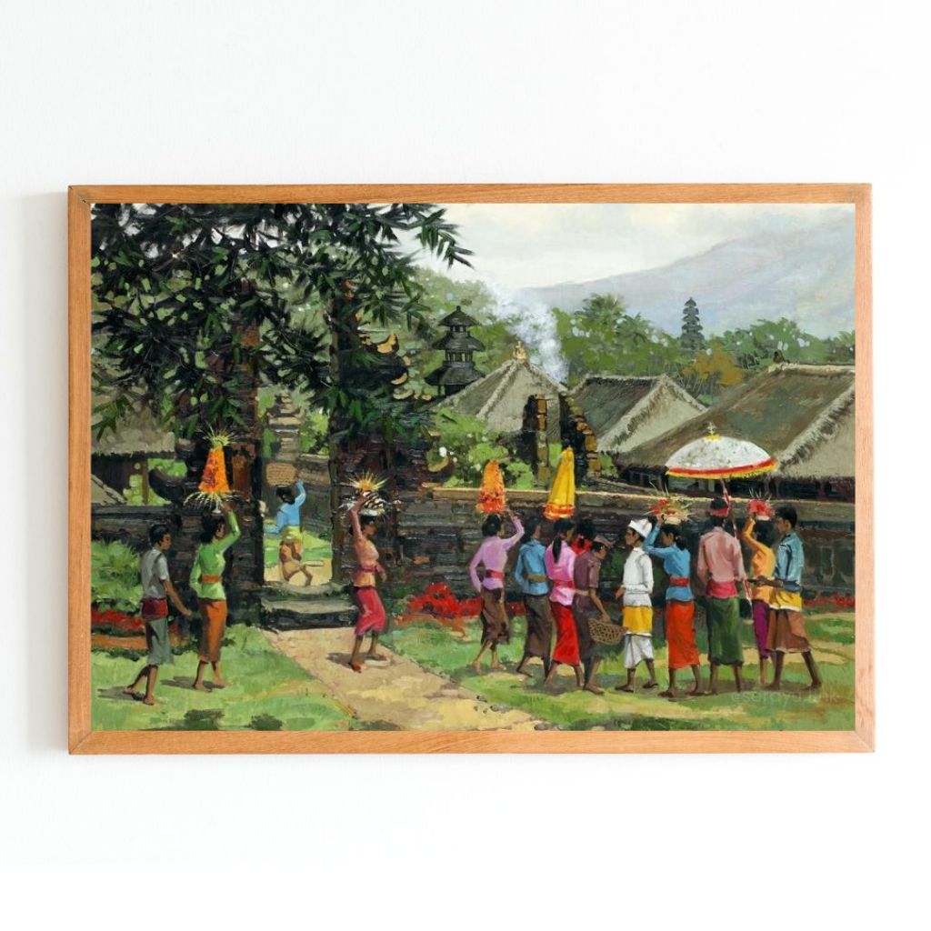 Hiasan Dinding Lukisan Cetak "Upacara Adat di Bali" Plus Bingkai Kayu Elegan