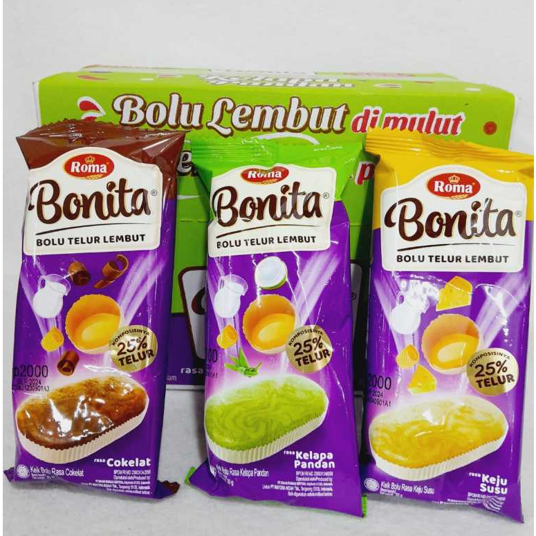 

[HALAL] Roma Bonita Bolu Telur Lembut 30gr Cokelat / Kelapa Pandan / Keju Susu Roti Bolu