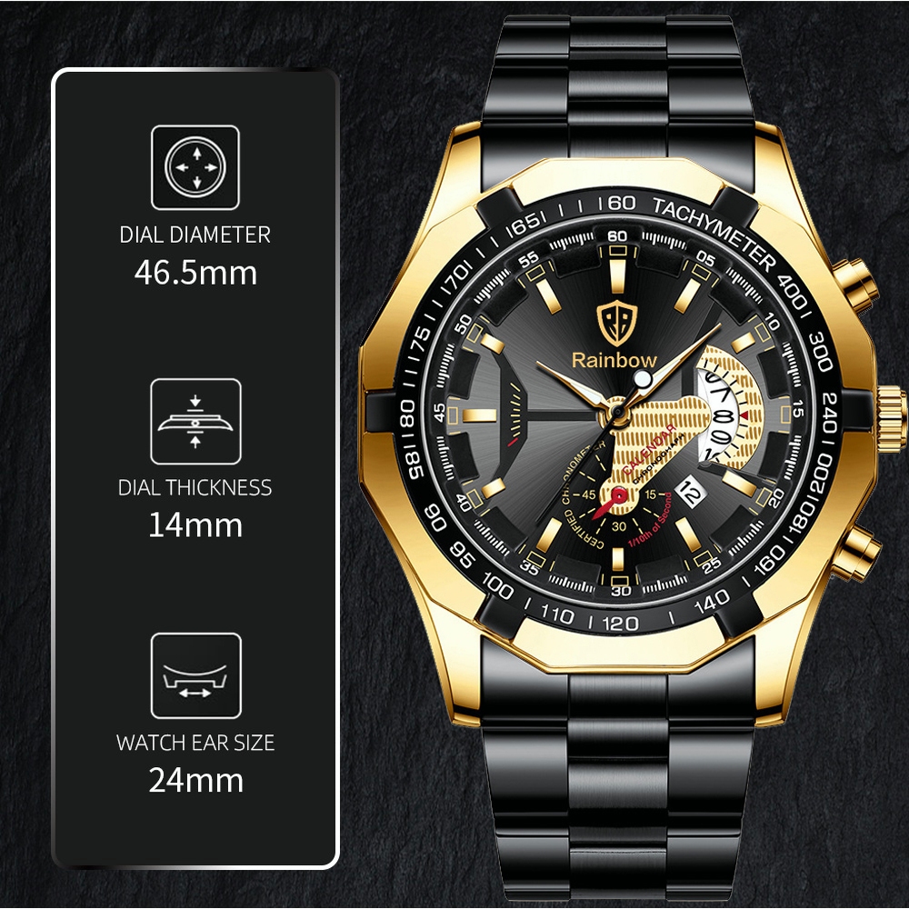 Rainbow COD Asli Jam Tangan Pria Tahan Air Anti Gores Mewah Stainless Steel Watch (Free Box + Card)-6