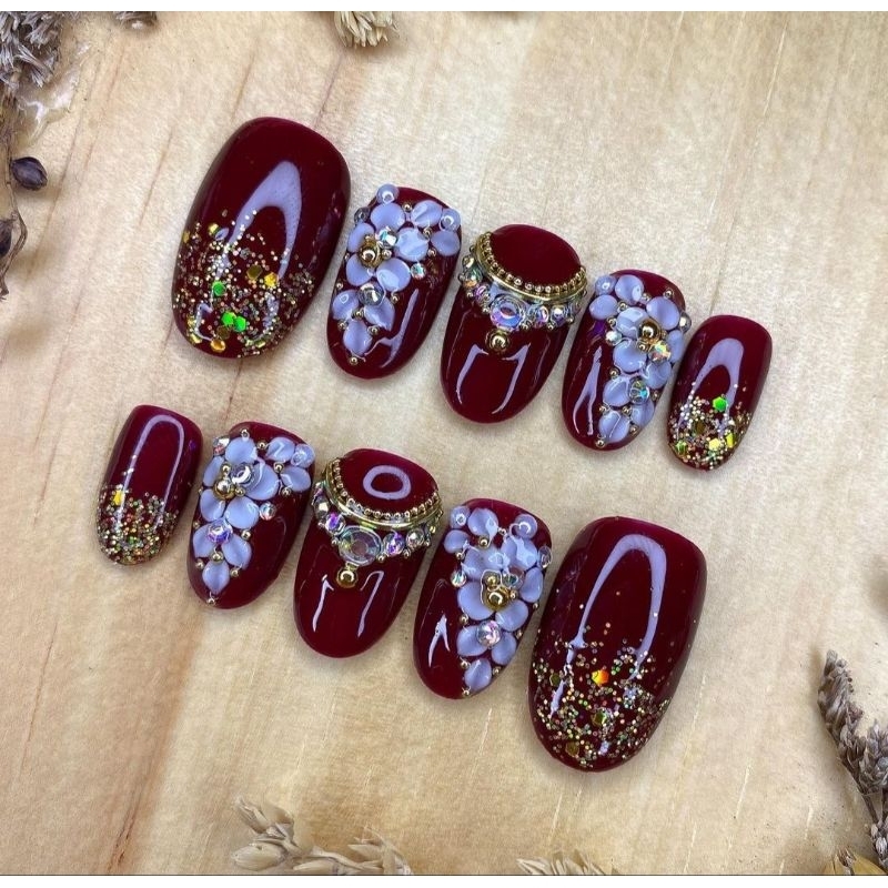 kuku palsu wedding // nail art// press on nail// merah maron/ kutek gell