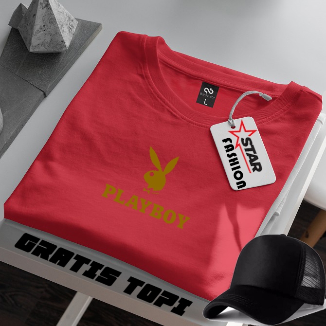 Bonus Topi Polos  Kaos Pria & Wanita Lengan Pendek Play Boy Gold / Baju Kaos Distro Cotton Combed Pr