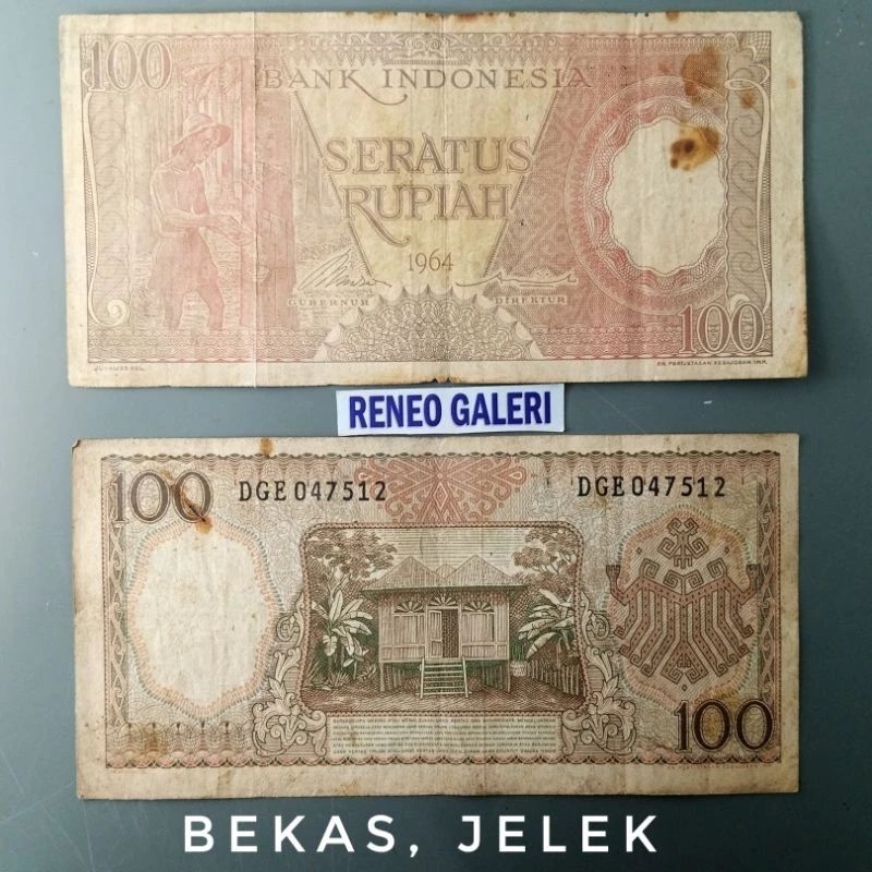 VF Asli Rp 100 Rupiah tahun 1964 seri Pekerja tangan uang lama duit kuno jadul lawas Indonesia Original antik