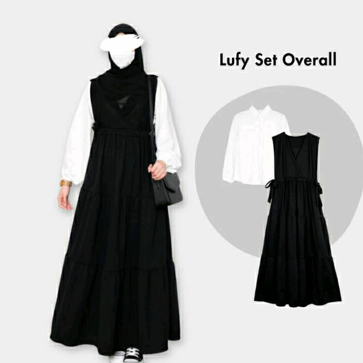 Lufy Set Overall Setelan Gamis Foxy Remaja Muslimah Dress Baju Kodok Wanita
