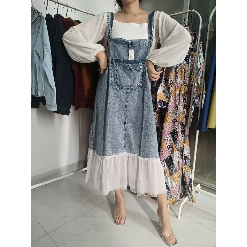 Dndcoll- Dress Jeans Tile Terusan Denim Rok panjang Wanita