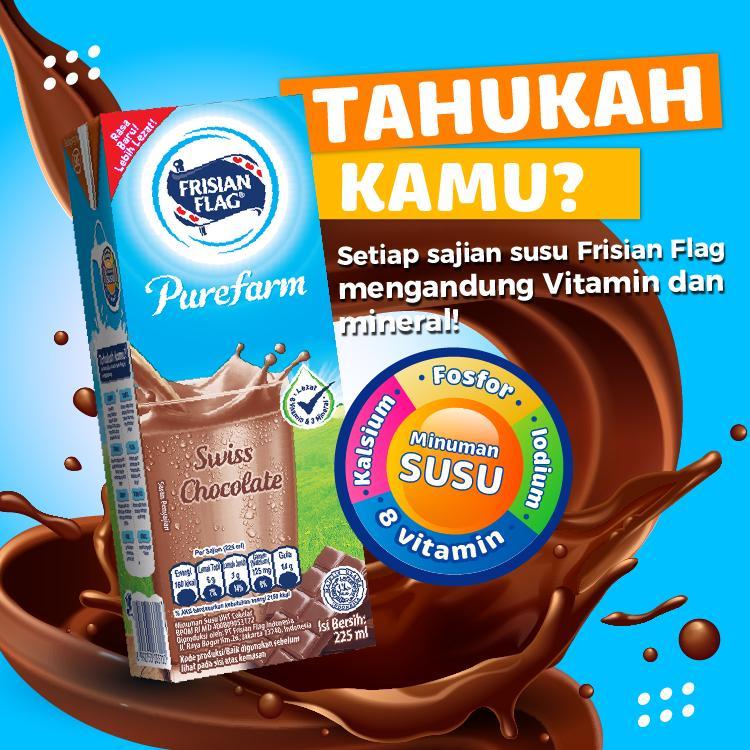 

Frisian Flag UHT Swiss Chocolate 225ml merupakan perpaduan susu UHT rendah lemak dan rasa Swiss Chocolate yang pasti enak dan cocok buat kamu yang sedang diet! Diperkaya kandungan zat gizi makro (protein, karbohidrat dan lemak) dan sumber 7 Vitamin (Vitam