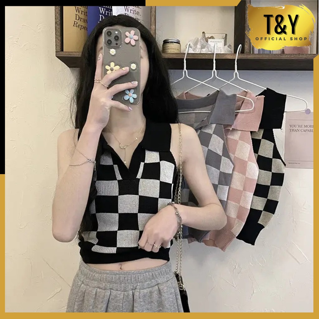 T&Y Baju Crop Wanita Korean Diamond Plaid Knit Vest Crop Top Rompi Rajut Korea V Neck Bahan Melar De
