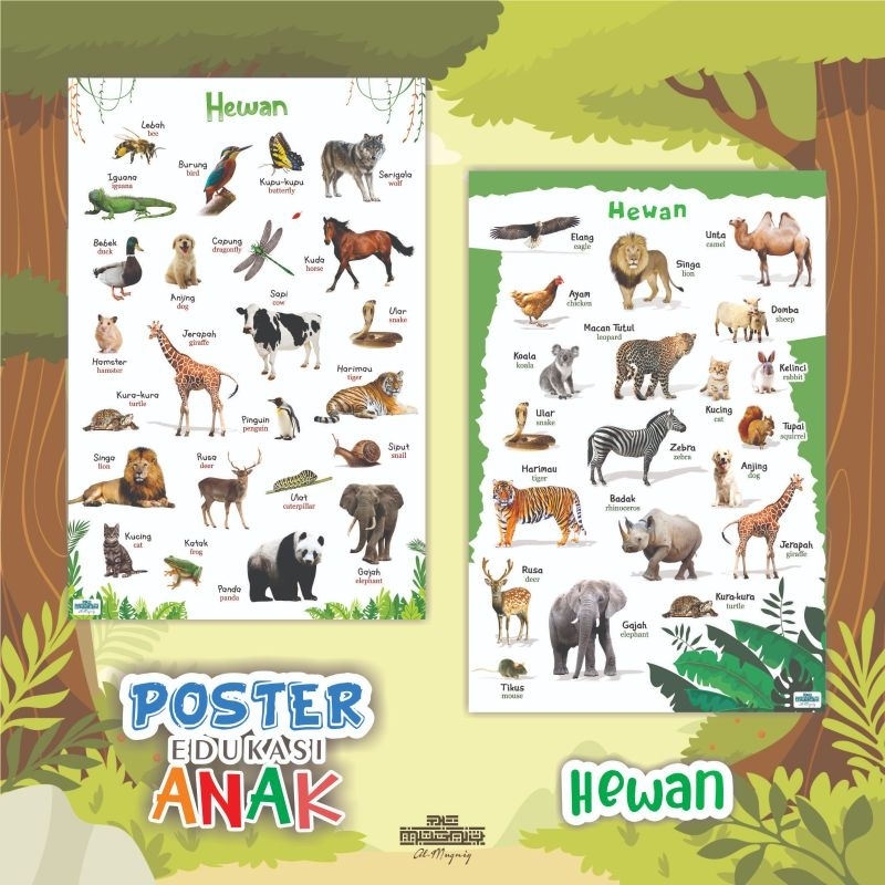 Poster Hewan Darat - Poster Belajar Mengenal Hewan Darat - Poster Belajar Anak Binatang - Poster Edu