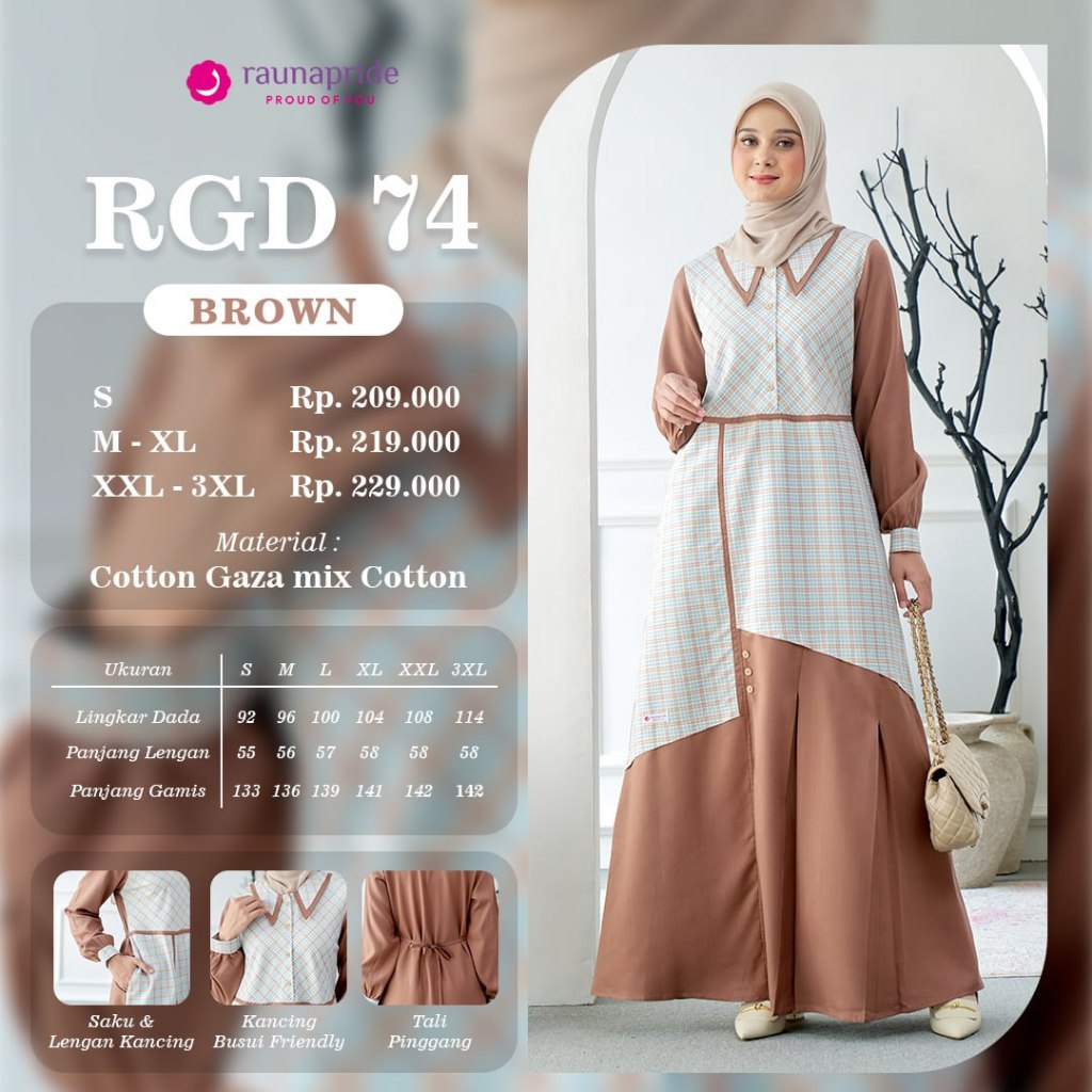 gamis rauna RGD 74 brown / gamis coklat polos / gamis kotak-kotak / gamis katun / baju muslim dewasa