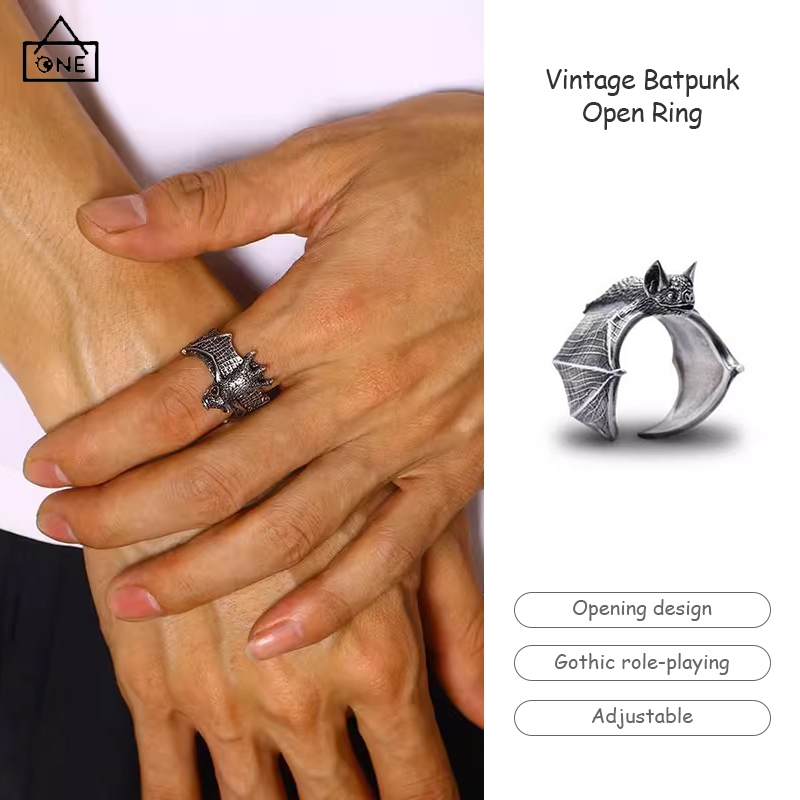 

COD❤️Cincin Pria Kelelawar Retro Punk Halloween Mulut Terbuka Permainan Peran Gotik Cincin Dapat Disesuaikan -a.one