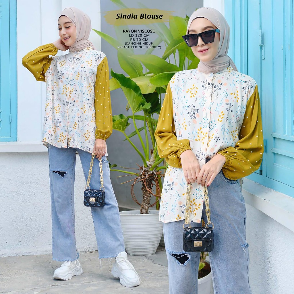 Sindia Blouse Wanita Rayon Viscose Motif Bunga Kombinasi Polkadot