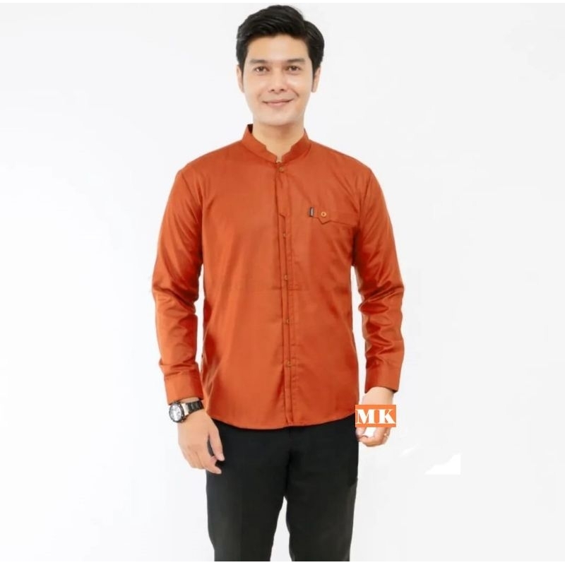 Baju Koko ABHA Pria Lengan Panjang Motif Albino Terakota