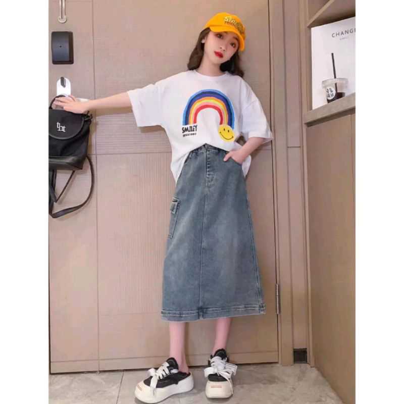 2in1 Setelan Rok jeans + Atasan Rainbow Smile Premium Korean Bangkok Style Anak Perempuan Import 5,7