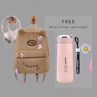 Tas Ransel Wanita Bulu HAPPY FUN FREE BOTOL dan gantungan bunga untuk Sekolah Gaya Korean Style