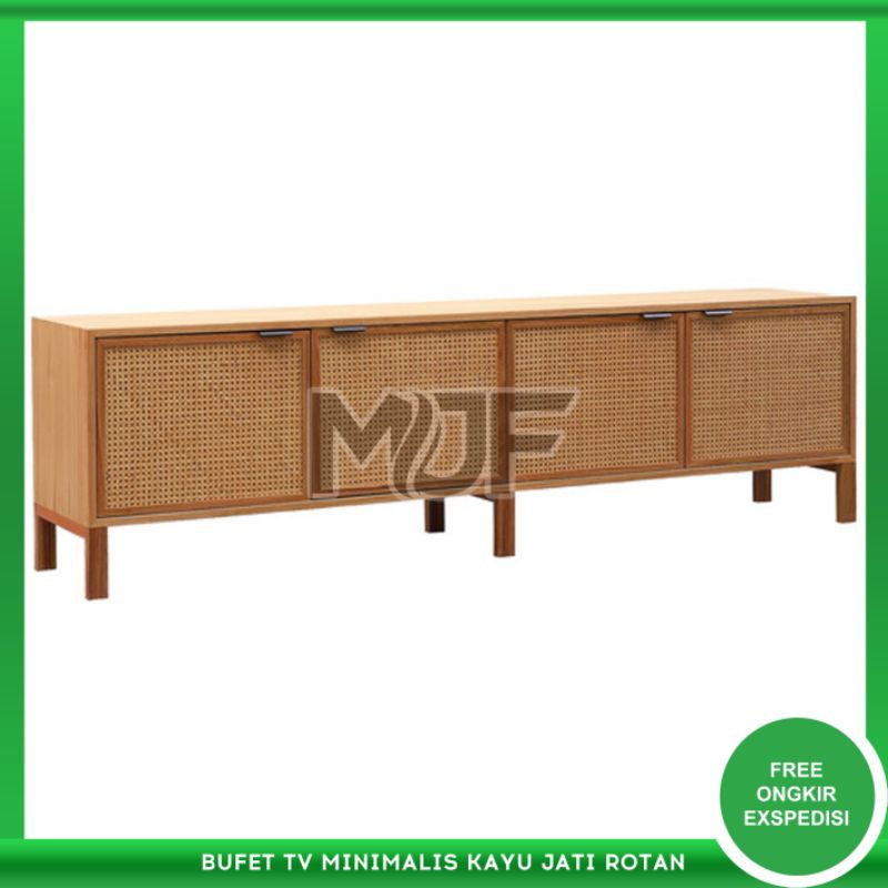 bufet meja tv minimalis kayu jati 4 pintu kombinasi rotan