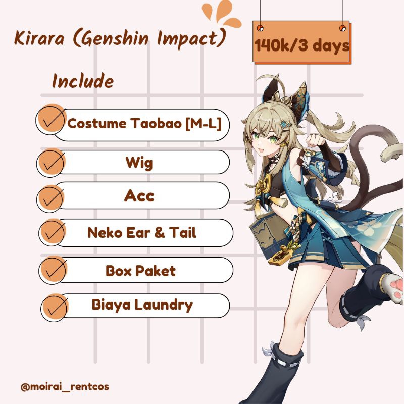 RENTAL COSTUME COSPLAY KIRARA GENSHIN IMPACT