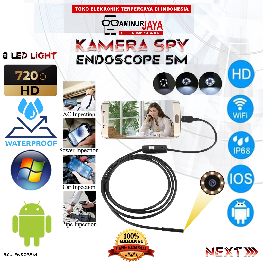 Kamera USB Endoscope Borescope Kamera Micro Kecil IP67 Waterproof 5 Meter 6 LED Suport Android Lapto