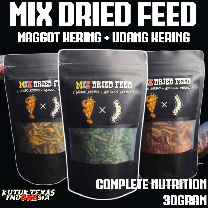 MIX DRIED FEED (Maggot Kering + Udang Kering) Pakan Ikan Predator, Channa, Oscar, Dll