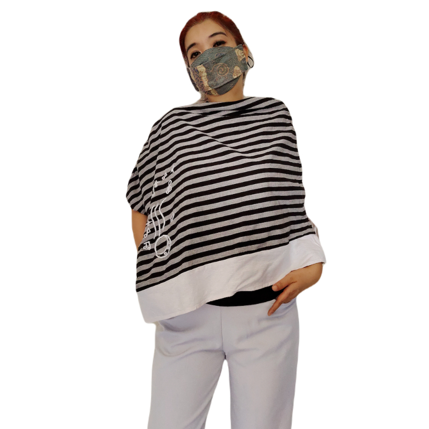 Blus Bali Atasan Border Lurik  Asimetris Ponco Linen Putih Gesyal Monokrom Sabrina