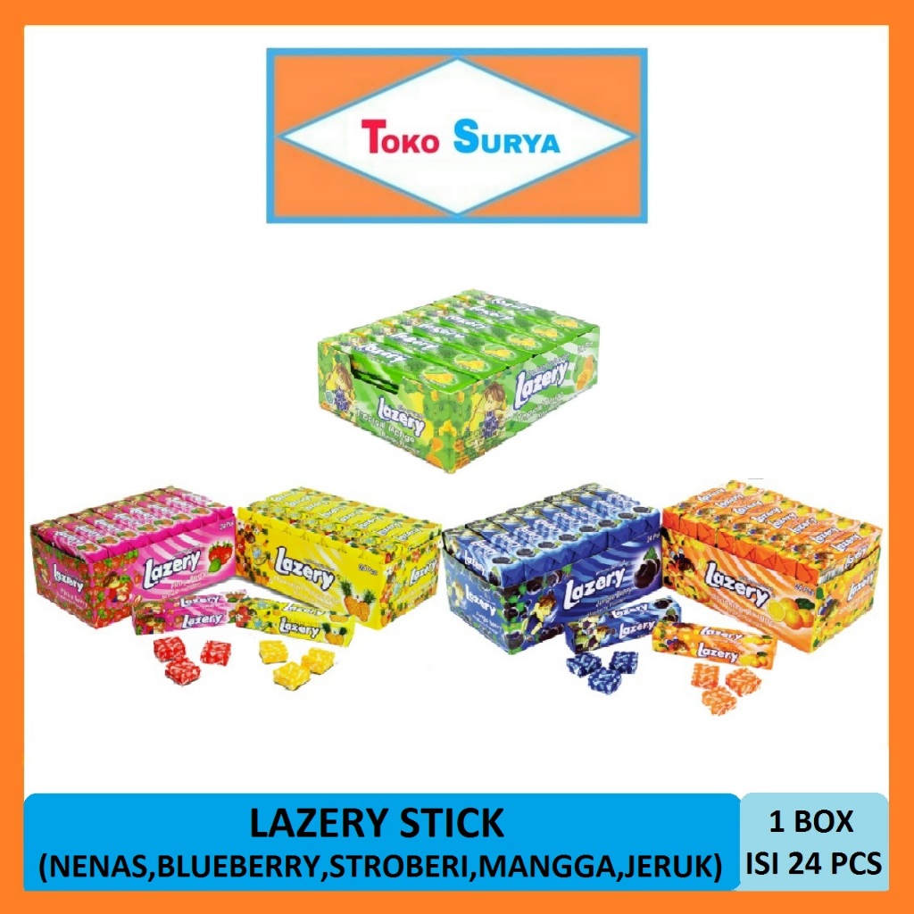 

Permen Lazery Stick Kembang Gula Rasa Stroberi/Nenas/Jeruk/Mangga/Blueberri 24 Stik x 3 Gr