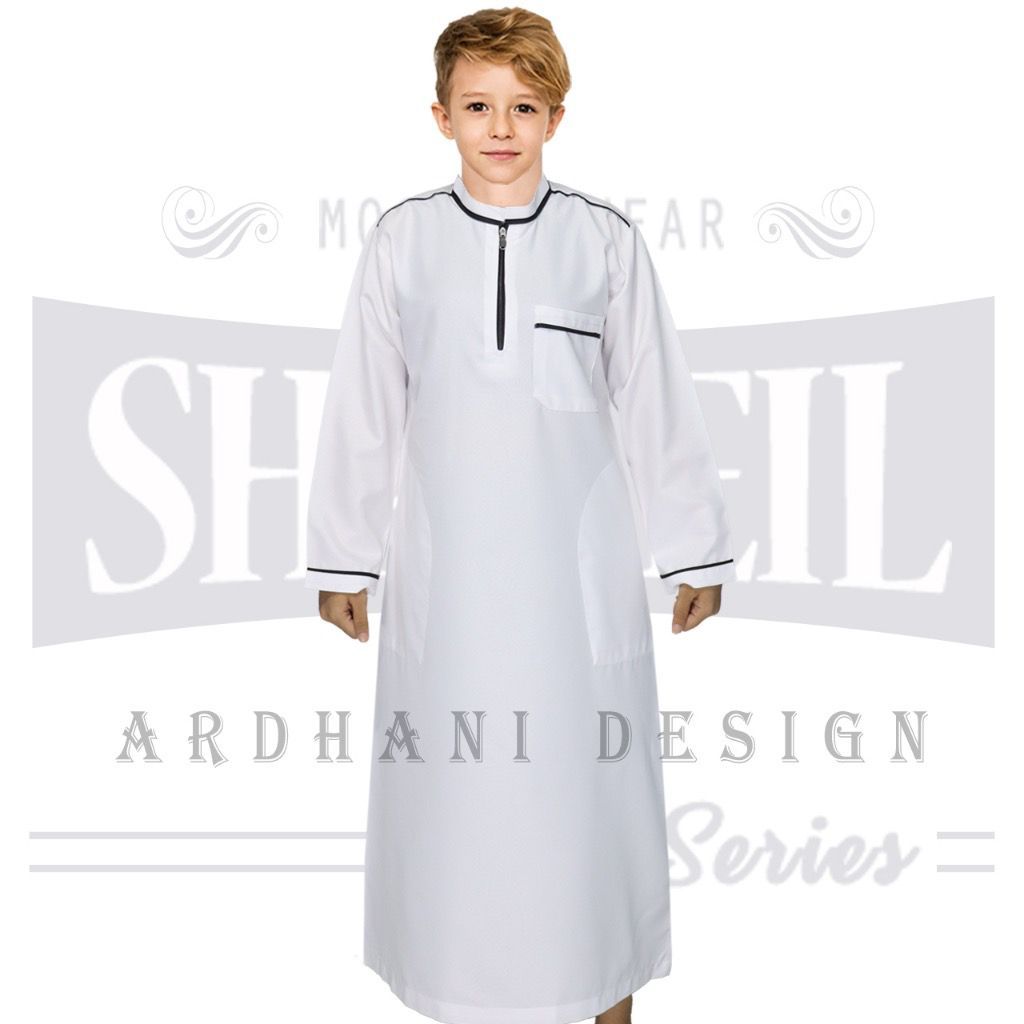 gamis tanggung anak laki laki bahan katun madina usia 4 - 16 tahun khusus hitam - putih