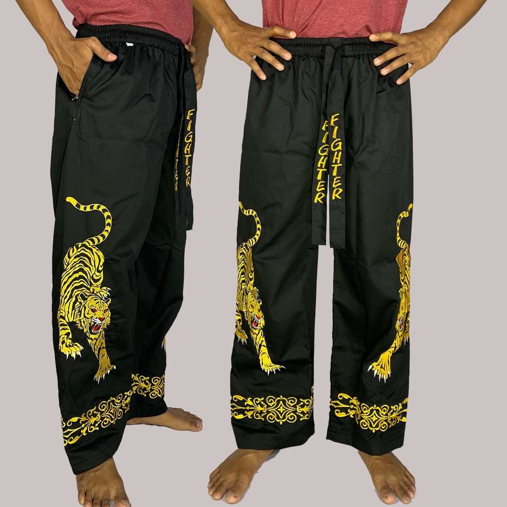Celana Silat Pangsi C-53 Bordir Macan Kembar l Twin Tiger Fighter Pants -- ada saku resleting