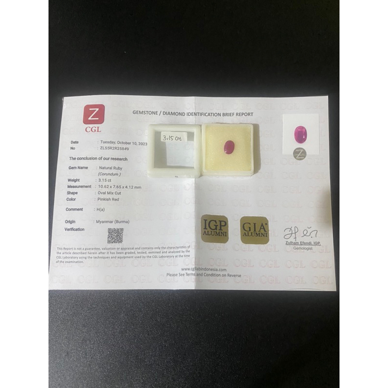 Natural Ruby burma Myanmar (Corundum) 3.15Carat By CGL