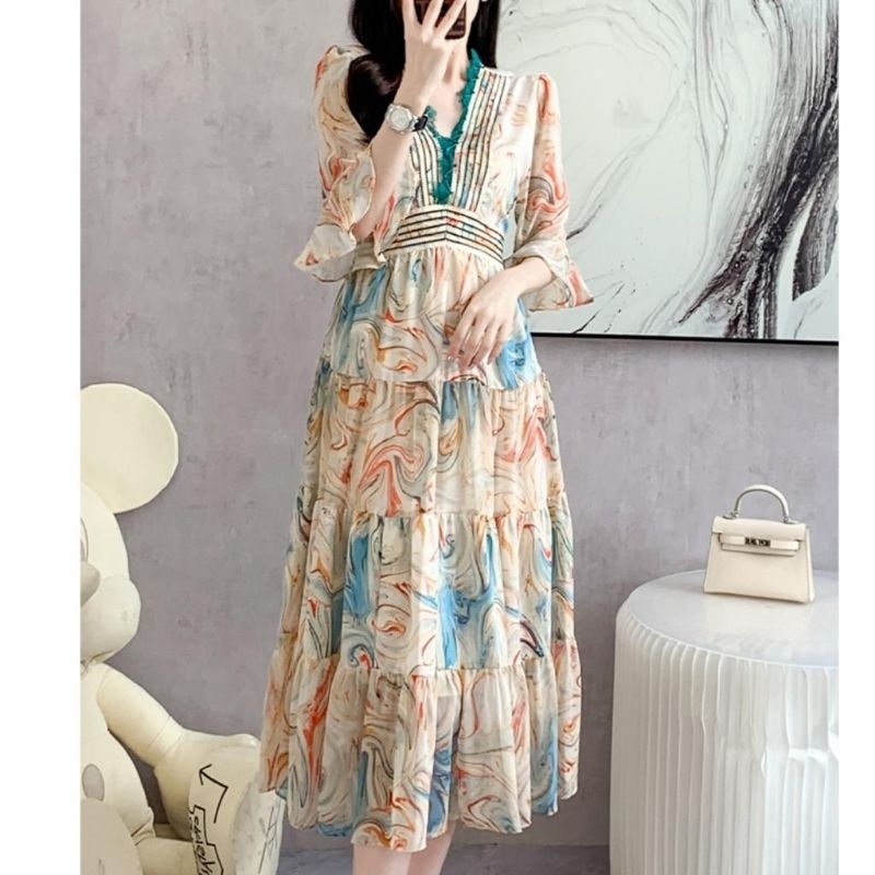 Dress Midi Leahna Tiered 12424# Dress Midi Wanita Import TM ¥