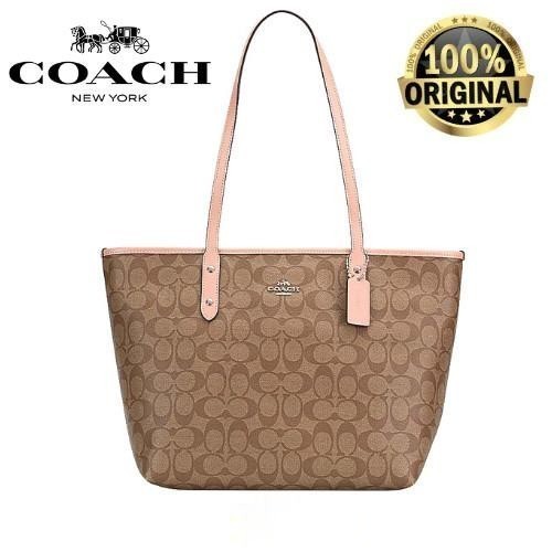 Tas Coach Tote Bag Signature City Zip Tote Khaki Pink