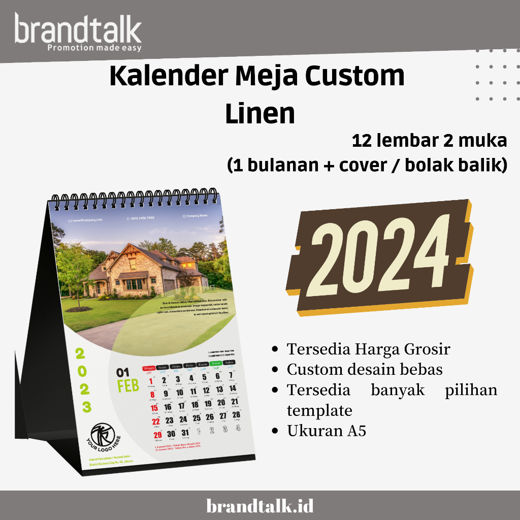 

Custom Kalender Meja 2024 - Penyangga Linen - 12 Lembar 2 Muka - Satuan