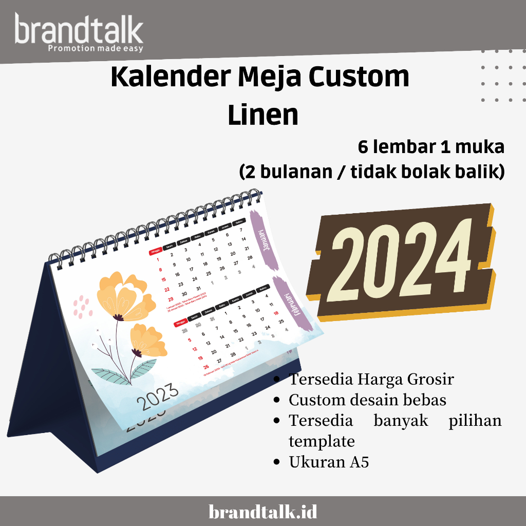 

Custom Kalender Meja 2024 - Penyangga Linen - 6 Lembar 1 Muka - Satuan
