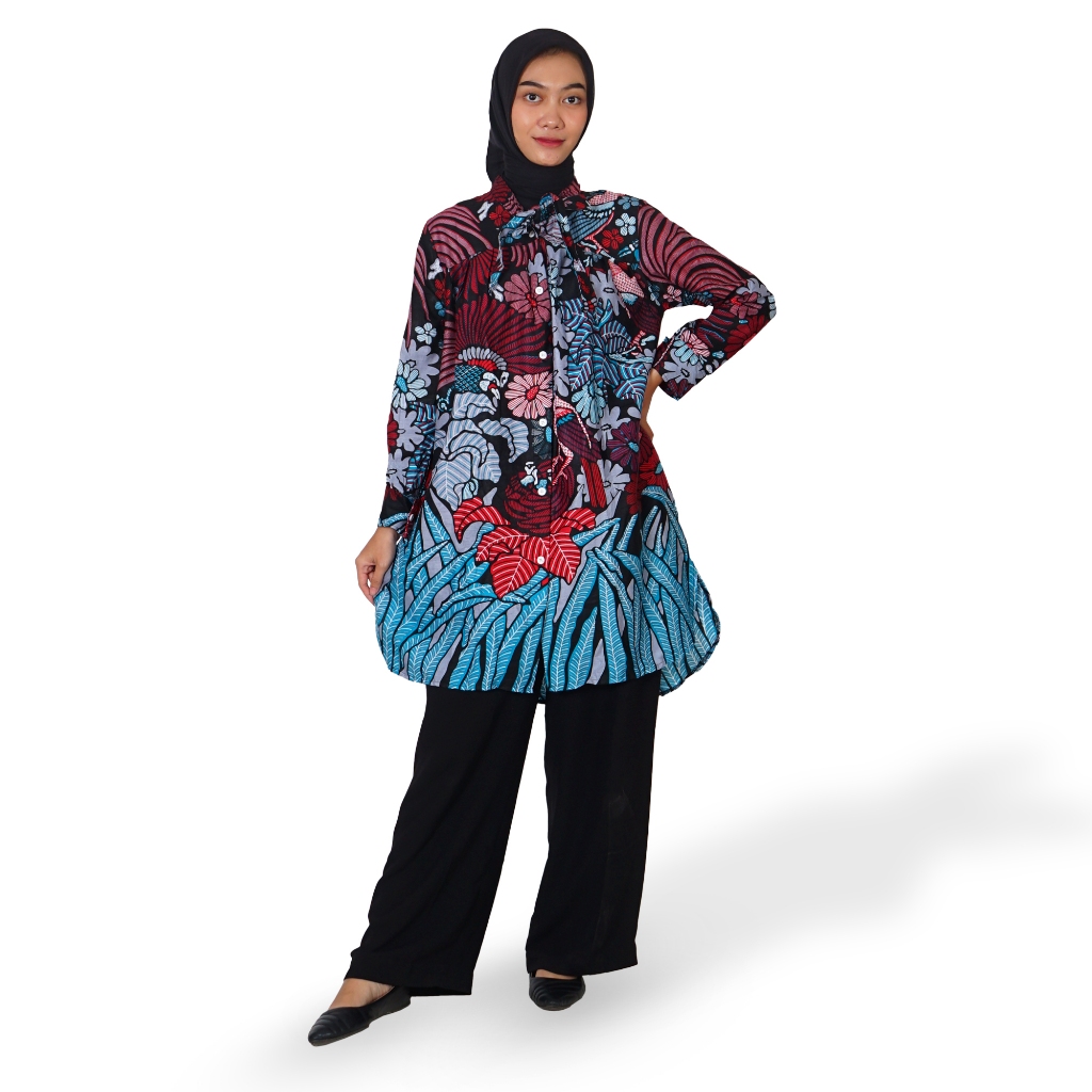 BATIK TRUSMI Atasan Wanita Batik Jumbo Tunik Wanita Macau Merah Abk