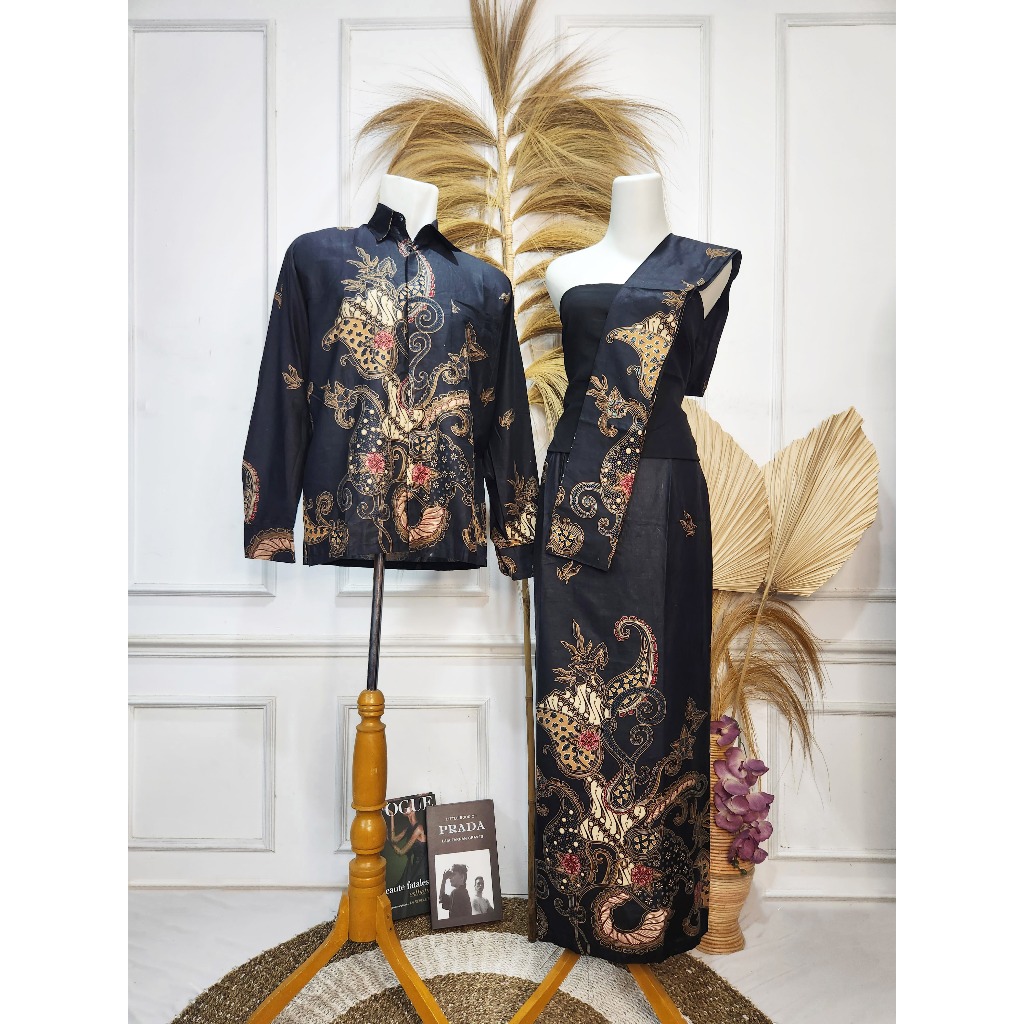 batik solo - Couple Batik Rok dan Kemeja Lengan Panjang Motif MARSHA BLACK | Rok Span Batik | Outfit