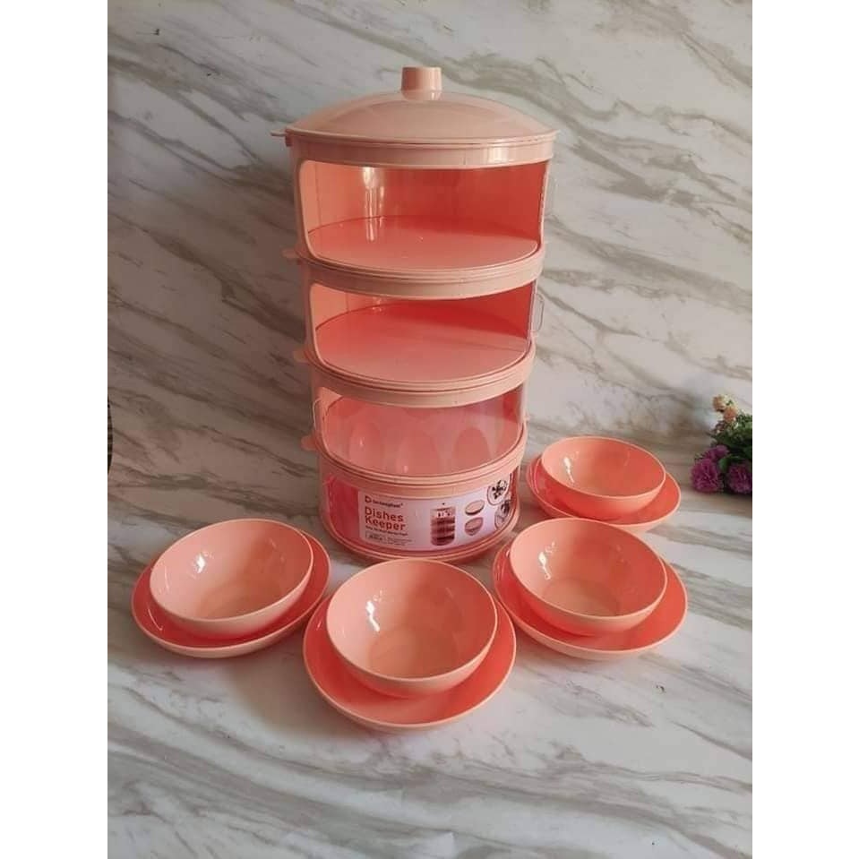 Tudung Saji Modern Susun 4 Warna Peach bonus Mangkok dan Piring
